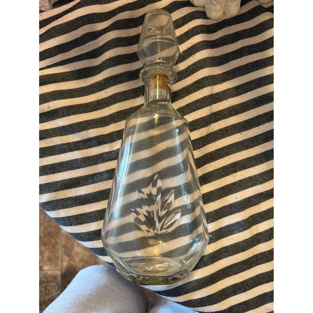 Vintage Clear Glass Etched Decanter Tapered Bottle with Stopper Barware